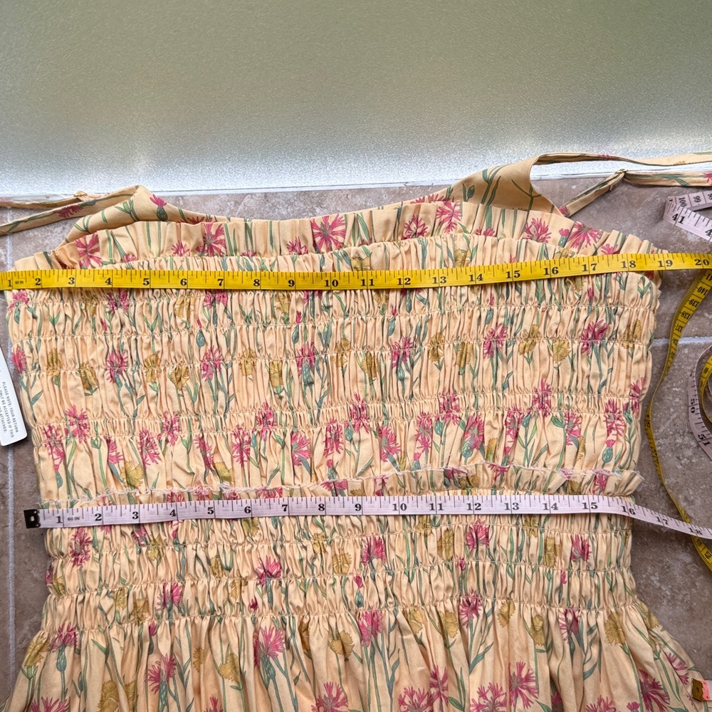 Anthropologie Hutch Sleeveless Smocked Midi Dress Gold Floral Ruffles Pockets L - Picture 13 of 16